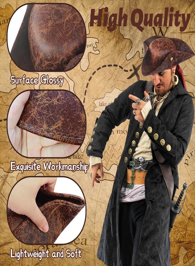 Xeehwb Brown Faux Leather Pirate Hat,Tricorn Pirate Hat,Novelty Leather Pirate Hat for Men Women Halloween Costume Accessories,Cosplay - Image 3